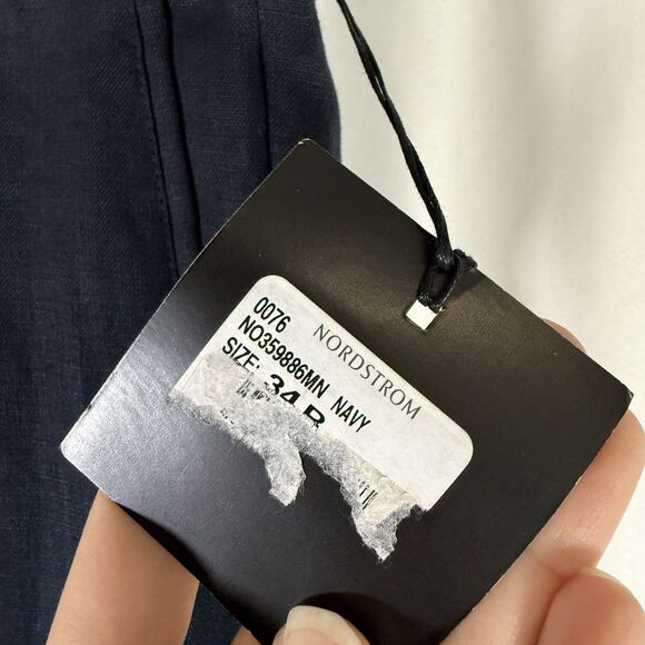 New Nordstrom Men's Shop Linen Pants Men's 34R Navy Blue Flat Front Office Work - Picture 6 of 12